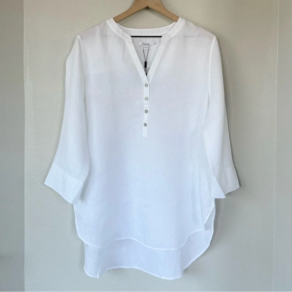 CHICO’S NWT 2 / Women’s L No Iron Linen Tunic in Optic White • Neutral Blouse - Picture 3 of 11